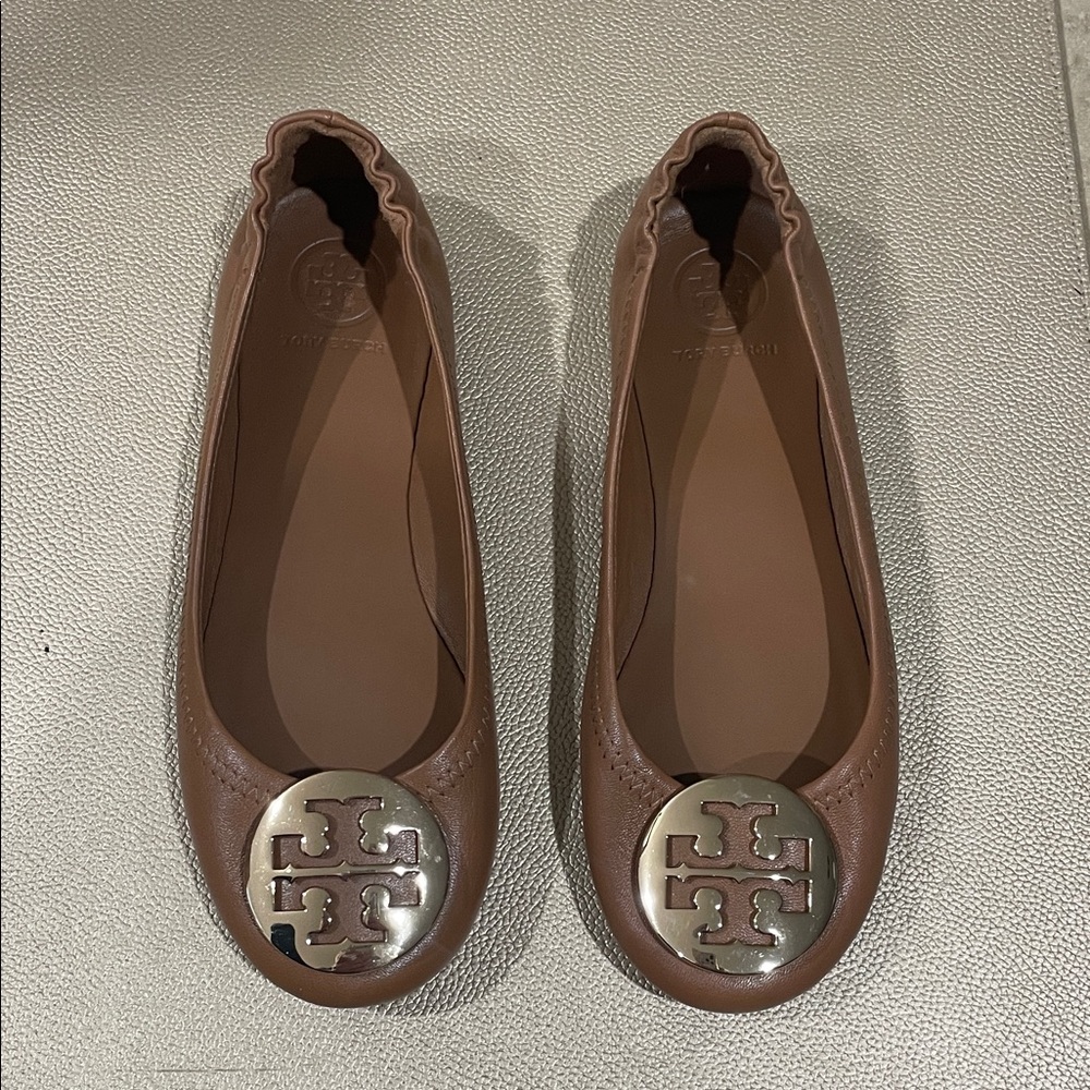 Tory Burch Chocolate Brown Flats with Silver Logo